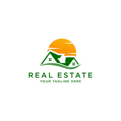 real estate vector logo design with home and sun shape