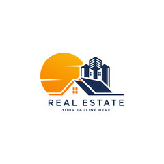 Fototapeta premium real estate vector logo design with home and sun shape