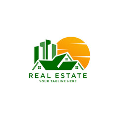 real estate vector logo design with home and sun shape