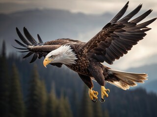 Fototapeta premium soaring eagle with spread wings, blurred background, close-up
