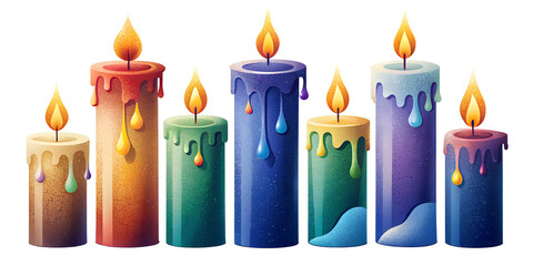 Row of Lit Christmas Candles with Grainy Flames, PNG. Colorful Christmas Lights with Frosted Texture