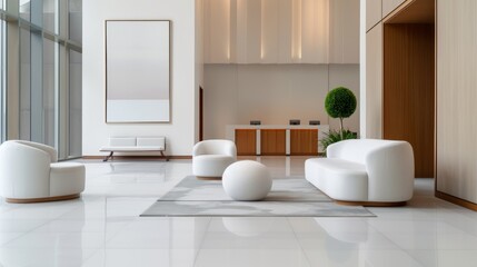 Fototapeta premium Modern minimalist lounge area featuring elegant furniture, bright space, and contemporary design elements.