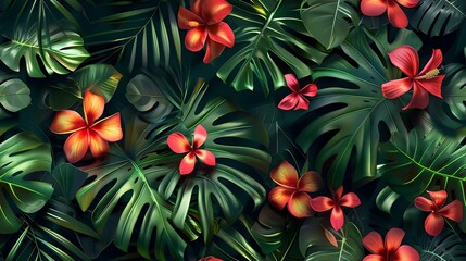 Naklejka premium Lush Tropical Foliage with Vibrant Red Flowers.