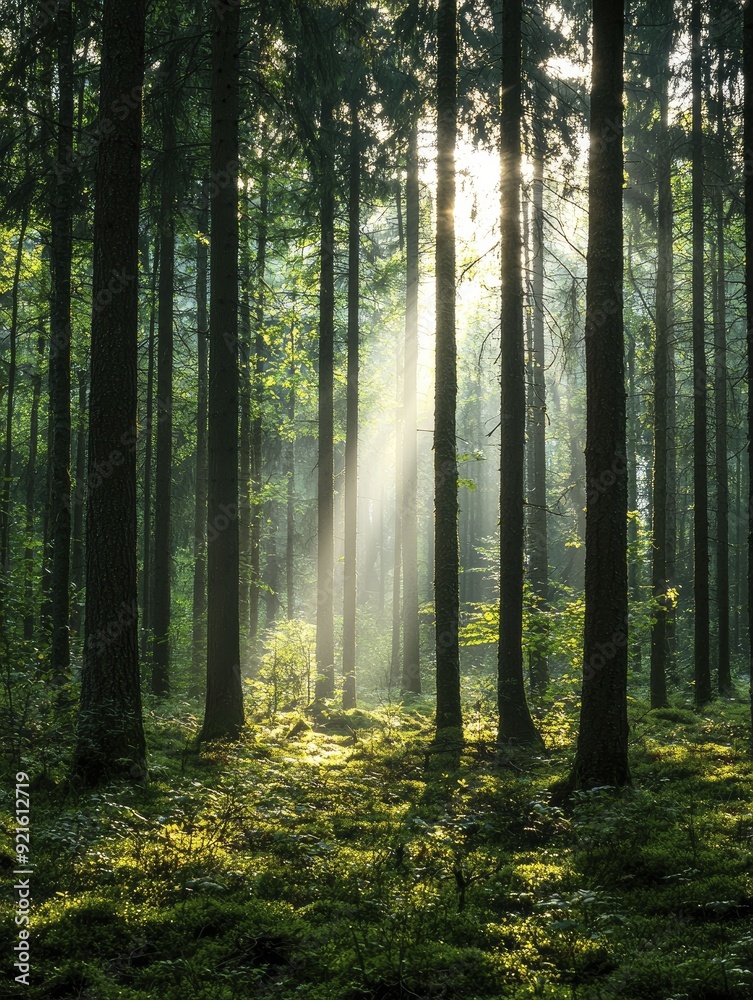 Sticker Captivating view of a sunlit forest, where dappled sunlight dances through the branches, creating an enchanting atmosphere of peace