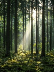 Fototapeta premium Captivating view of a sunlit forest, where dappled sunlight dances through the branches, creating an enchanting atmosphere of peace