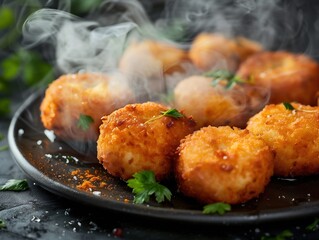 Traditional Spanish Croquetas, served as tapas in a cozy restaurant setting