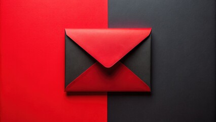 Vibrant red and black hues dominate the composition as a crimson envelope with black trim sits centrally on a bold, monochromatic background of reversed colors.