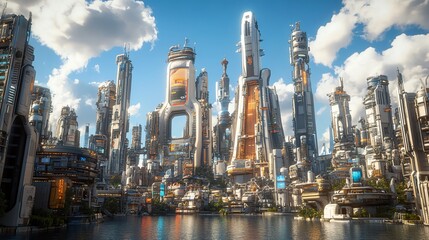 Futuristic city skyline with towering skyscrapers, advanced architecture, and a clear blue sky reflected in a serene water body.