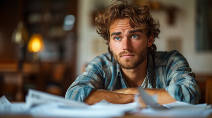 The Weight of Responsibility: A pensive young man contemplates a pile of documents, his expression reflecting the burden of responsibility and the challenges of modern life.  