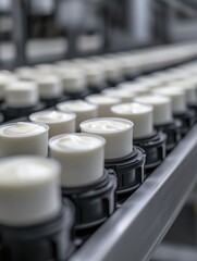 Obraz premium A state-of-the-art dairy production line features yogurt cups gliding effortlessly on conveyor belts, ensuring peak freshness and efficient packaging for consumers.