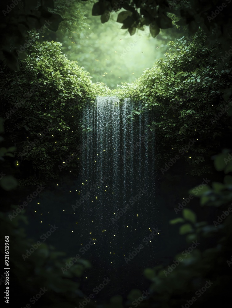 Poster Magical scene of a waterfall cascading onto a mossy grove, surrounded by lush green leaves and twinkling fireflies at dusk