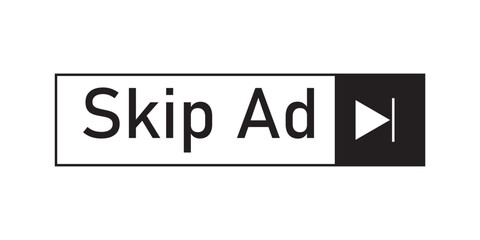 Set of Skip ad black vector button. Set of Skip button, Black advertisement icon. Skip ad button. Black button skip ad for website. Vector icon.