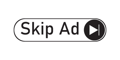 Set of Skip ad black vector button. Set of Skip button, Black advertisement icon. Skip ad button. Black button skip ad for website. Vector icon.