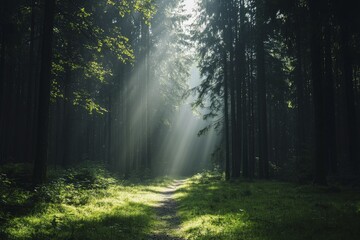 Obraz premium Misty morning in a serene forest where sunbeams filter through the branches, illuminating the path ahead with magical energy