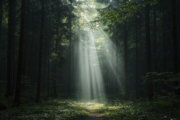 Fototapeta premium A misty morning in a tranquil forest where sunlight weaves through the trees, casting a glow on the trail ahead, filling the air with an enchanting aura.