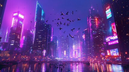 Obraz premium Futuristic neon cityscape at night with glowing skyscrapers, flying birds, and vibrant lights reflected in the water.