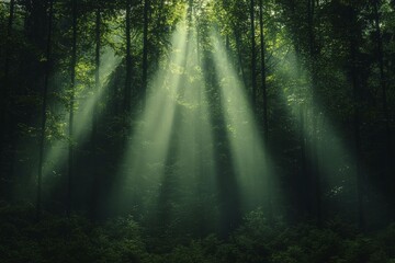 Obraz premium Misty morning in a serene forest where sunbeams filter through the branches, casting a luminous glow that invites wanderers to explore the enchanted trails ahead.