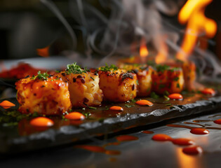 Traditional Spanish tapas platter with gourmet presentation, top view