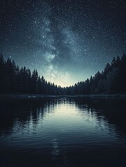 Mystical landscape where a gentle river flows, reflecting the beauty of a twilight sky adorned with shimmering stars and ethereal lights