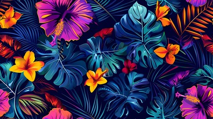 Seamless tropical floral pattern with hibiscus flowers, monstera leaves, and palm leaves in vibrant colors on a dark background.