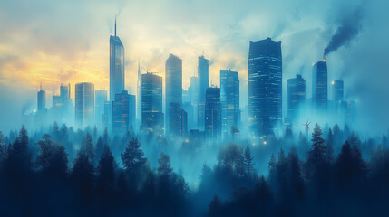 Fototapeta premium Cityscape Emerging from the Mist: A captivating digital art piece depicts a modern cityscape rising from a misty forest, creating a surreal and ethereal atmosphere. The soft, blue hues and the gradual
