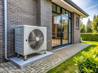 Modern outdoor air source heat pump unit installed at a residential home in the Netherlands, providing energy-efficient heating and cooling while supporting the green energy transition.