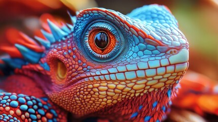Fototapeta premium Close-Up Portrait of a Vibrant Blue and Red Lizard with a Focused Eye