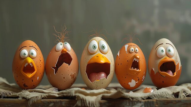 Five cartoon eggs with surprised expressions on their faces.