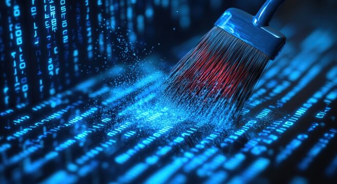 A digital brush sweeping away the dust on blue binary code background, symbolizing cleaning up and data surface scattering, with binary numbers in foreground