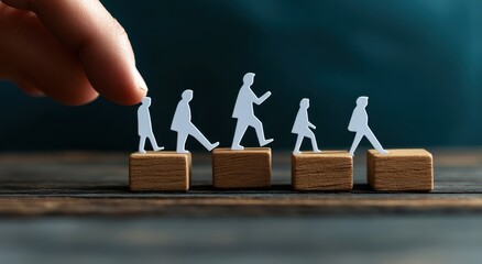 A hand is placing wooden blocks on top of each other, forming steps leading to the right side with white paper figures walking up them towards another figure in business attire