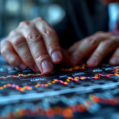 Fototapeta premium Analyzing the Market: A close-up shot of a businessman's hands meticulously analyzing a financial chart, representing the intricate world of stock trading and market analysis. The focused expression a