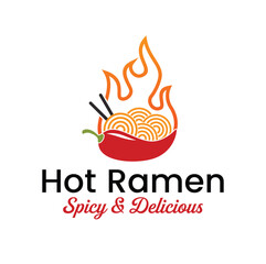 Vector spicy noodles in a bowl with chopsticks, chili peppers and hot fire. White background 