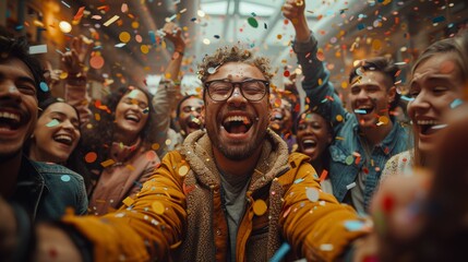 Fototapeta premium Celebration with confetti in a lively indoor space filled with joyful people in evening attire