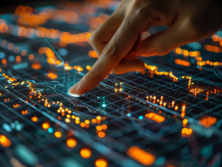 Interactive Data Visualization: A close-up shot of a hand interacting with a dynamic, glowing digital map, showcasing the power of data analysis and visualization in a modern technological environment