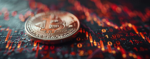 Bitcoin Volatility: A single Bitcoin coin rests on a fiery background of fluctuating digital data, symbolizing the volatile nature of cryptocurrency. The image captures the dynamic energy and uncertai