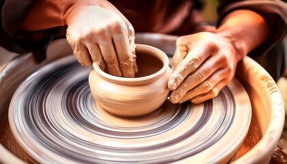 Hands Shaping Clay: A close-up of skilled hands shaping a clay pot on a potter's wheel, capturing the artistry and craftsmanship involved in the pottery-making process. 3