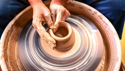 Fototapeta premium Hands Shaping Clay: A close-up of skilled hands shaping a clay pot on a potter's wheel, capturing the artistry and craftsmanship involved in the pottery-making process. 1