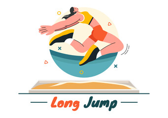 Vector Illustration of an Athlete Performing a Long Jump in a Sand Pit in Sports Championship Themes in Flat Style Cartoon Background