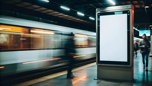 Mock up. Vertical advertising billboard, lightbox with empty digital screen on railway station. Blank white poster advertising, public information board stands at station in front of people and train