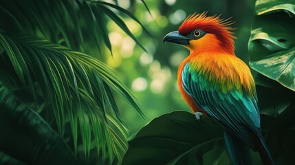 A Vividly Colored Bird Perched on Lush Green Foliage