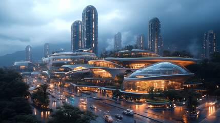 Fototapeta premium Futuristic Cityscape: A mesmerizing digital art scene depicting a futuristic city bathed in the ethereal glow of a stormy twilight, showcasing towering skyscrapers, sleek architecture, and a bustling 