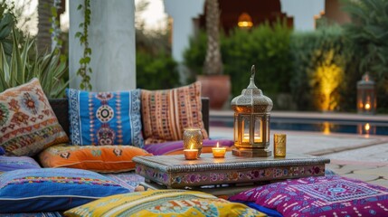 Fototapeta premium Moroccan Patio with Lanterns and Pillows