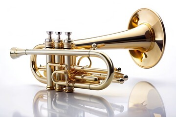 Fototapeta premium A polished brass trumpet, its curves and valves gleaming, stands upright against a crisp white background, exuding elegance and sophistication in its solitary stillness.