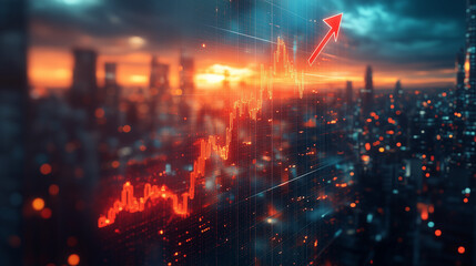 Urban Growth: A dramatic cityscape silhouetted against a fiery sunset, a glowing red arrow ascends, symbolizing progress and economic prosperity.  