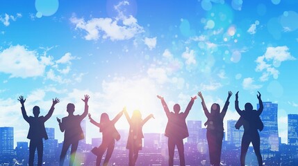 成功しているビジネスパーソンたちのシルエット、青空11