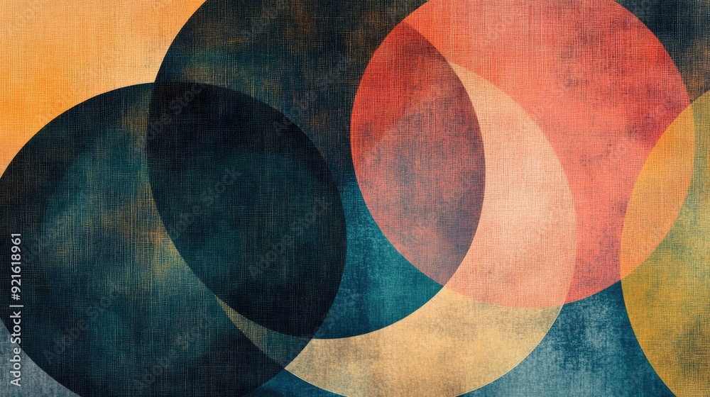 Fototapete minimalist abstract line art of overlapping circles, set against a textured background that allows f