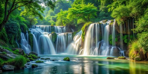 Fototapeta premium Natural classic waterfall painting with lush green foliage and cascading water, waterfall, nature, landscape, painting, art