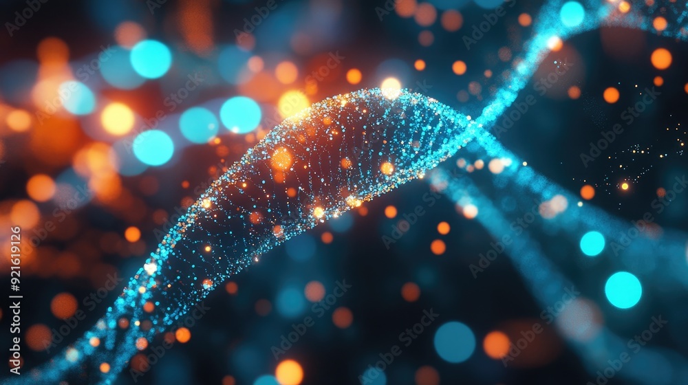 Fototapete glowing patterns of biological data with vibrant lights, featuring space for text