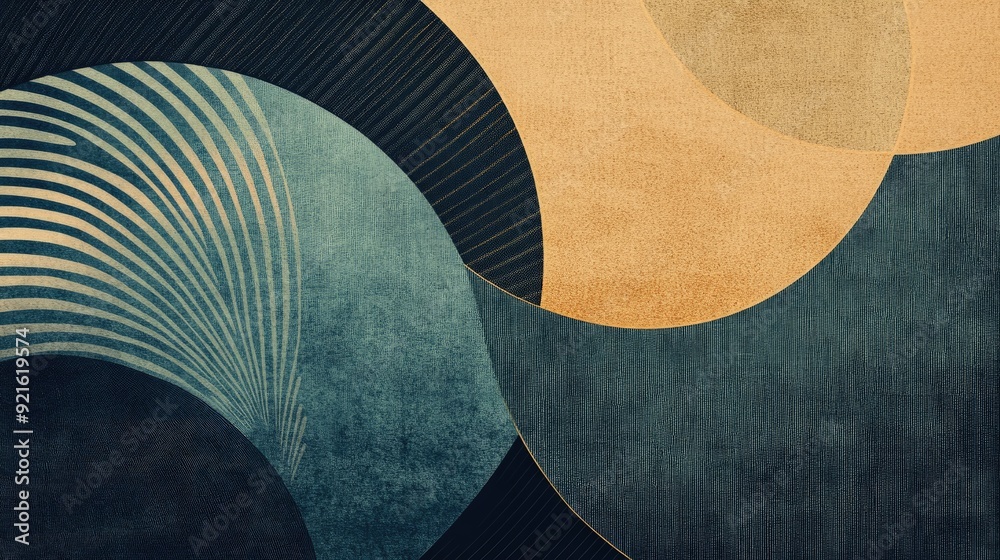Fototapete minimalist abstract line art of overlapping circles, set against a textured background that allows f