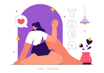 Vector illustration of Yoga and Meditation Practices featuring a Girl Exercising for Health Benefits in a Flat Style Cartoon Background